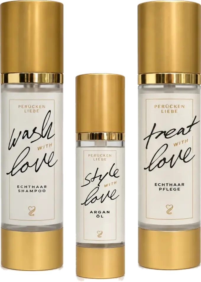 Perückenliebe Pflegeset für Echthaarperücken – Wash with Love Shampoo, Style with Love Arganöl und Treat with Love Kur
